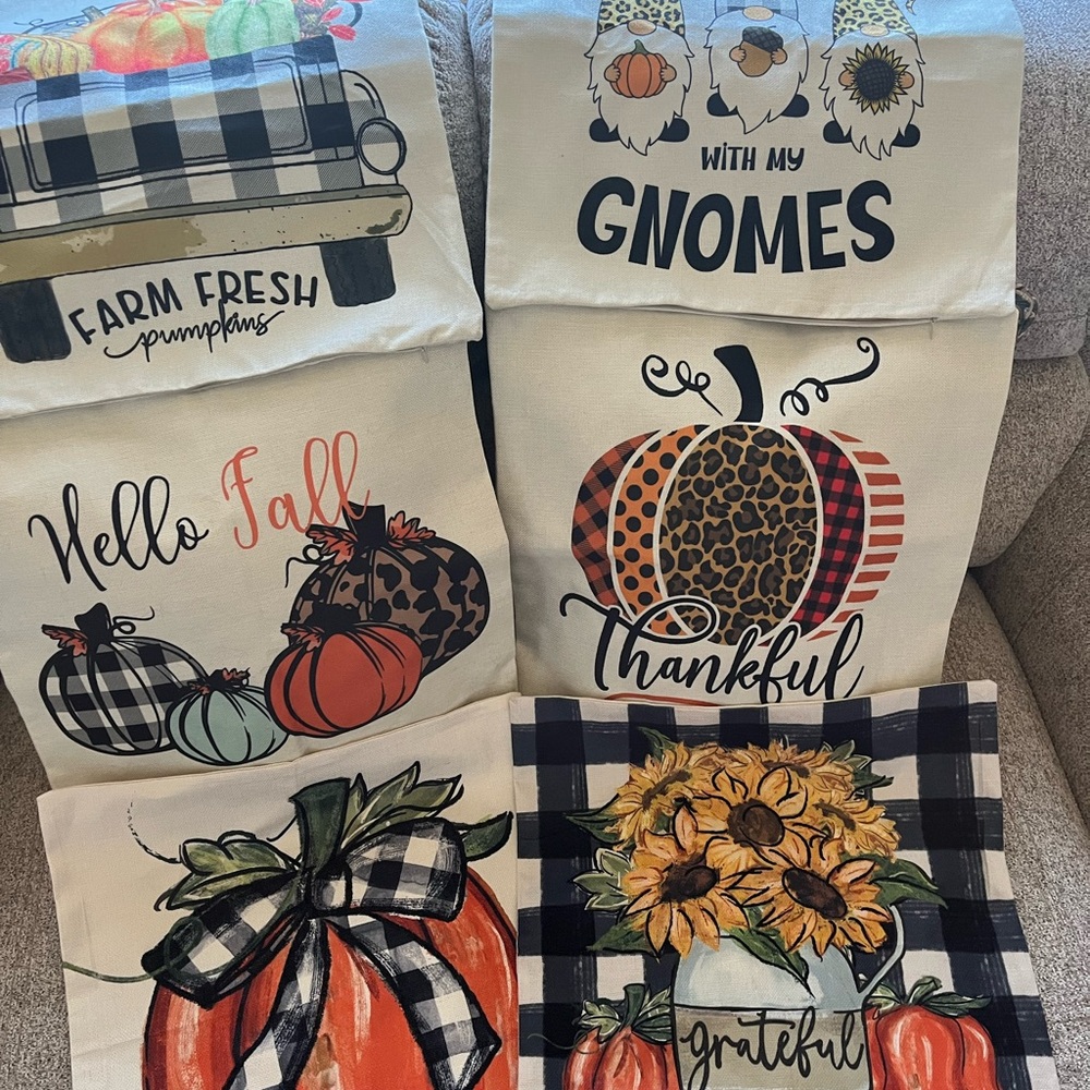 Hello Fall Thanksgiving Gnome Pumpkin Pillow Slip Covers 18 X 18 Set Of 6 Zipper